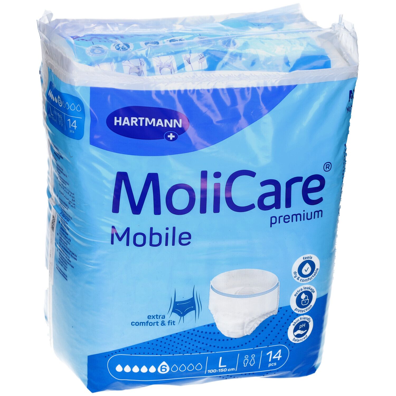 Verpackung MoliCare Mobile Premium, Größe L, 14 Stück. Blaue Verpackung mit Produktabbildung und Logo.