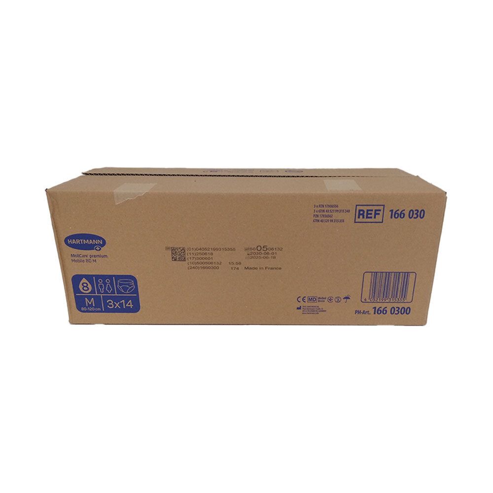 Karton mit Produktverpackung. Hartmann MoliCare Premium Mobile 8 Tropfen, Größe M. Sichtfenster zeigt Produkt. 3x14 Stück.