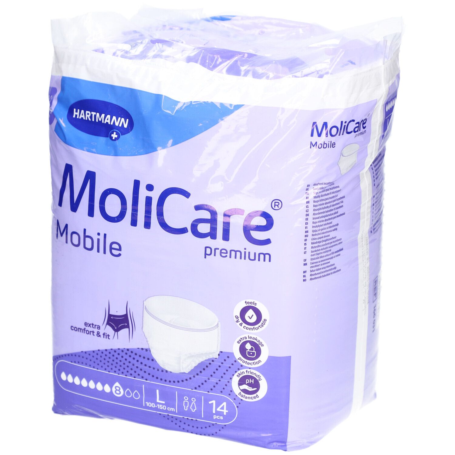 Verpackung MoliCare Mobile Premium, Größe L, 14 Stück. Marke Hartmann. Extra Komfort & Passform.