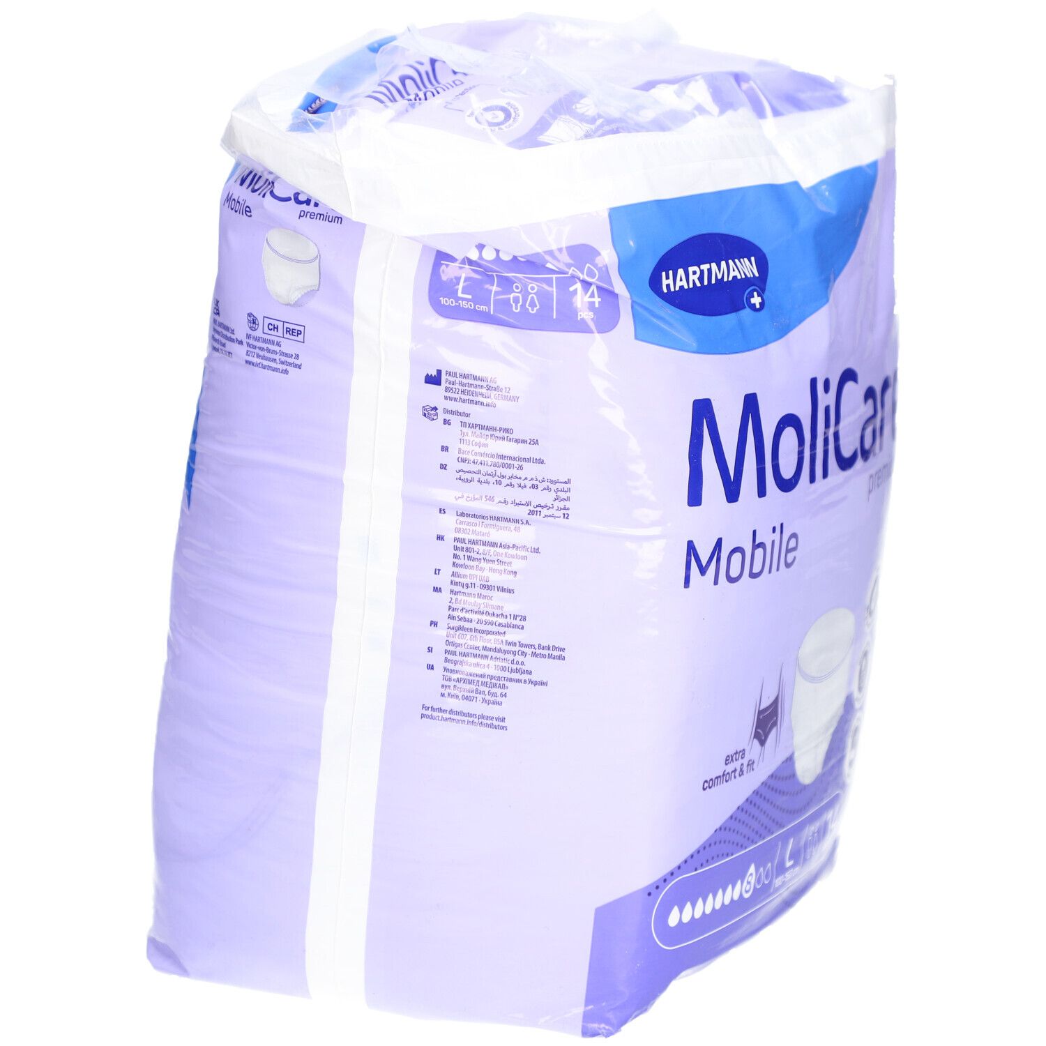 Verpackung MoliCare Mobile Premium, Größe L, 14 Stück. Marke Hartmann. Extra Komfort & Passform.