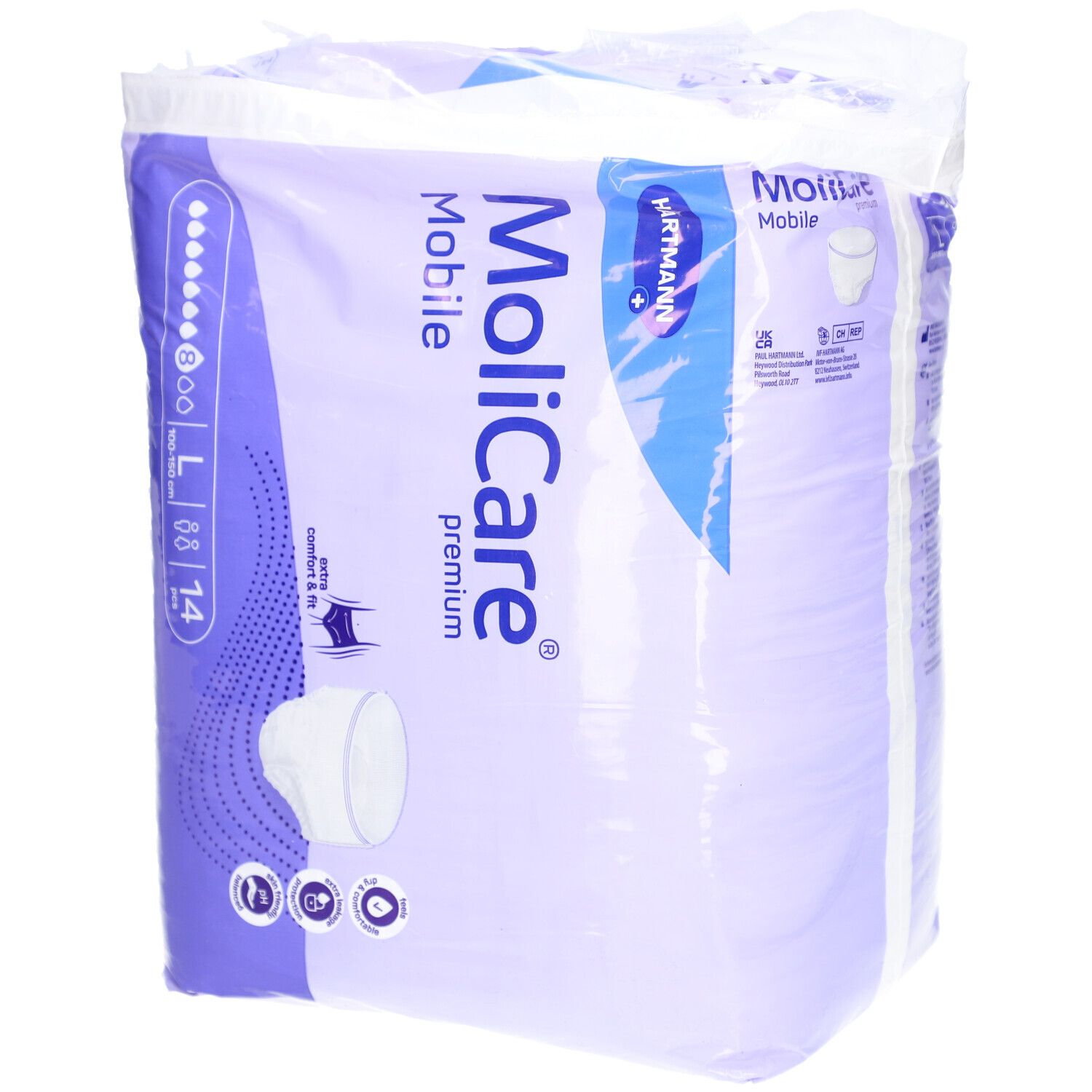 Verpackung MoliCare Mobile Premium, Größe L, 14 Stück. Marke Hartmann. Extra Komfort & Passform.
