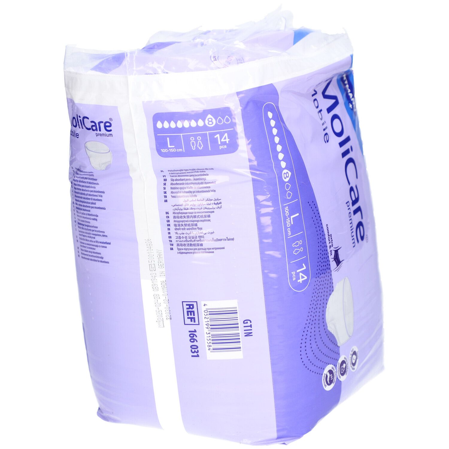 Verpackung MoliCare Mobile Premium, Größe L, 14 Stück. Marke Hartmann. Extra Komfort & Passform.
