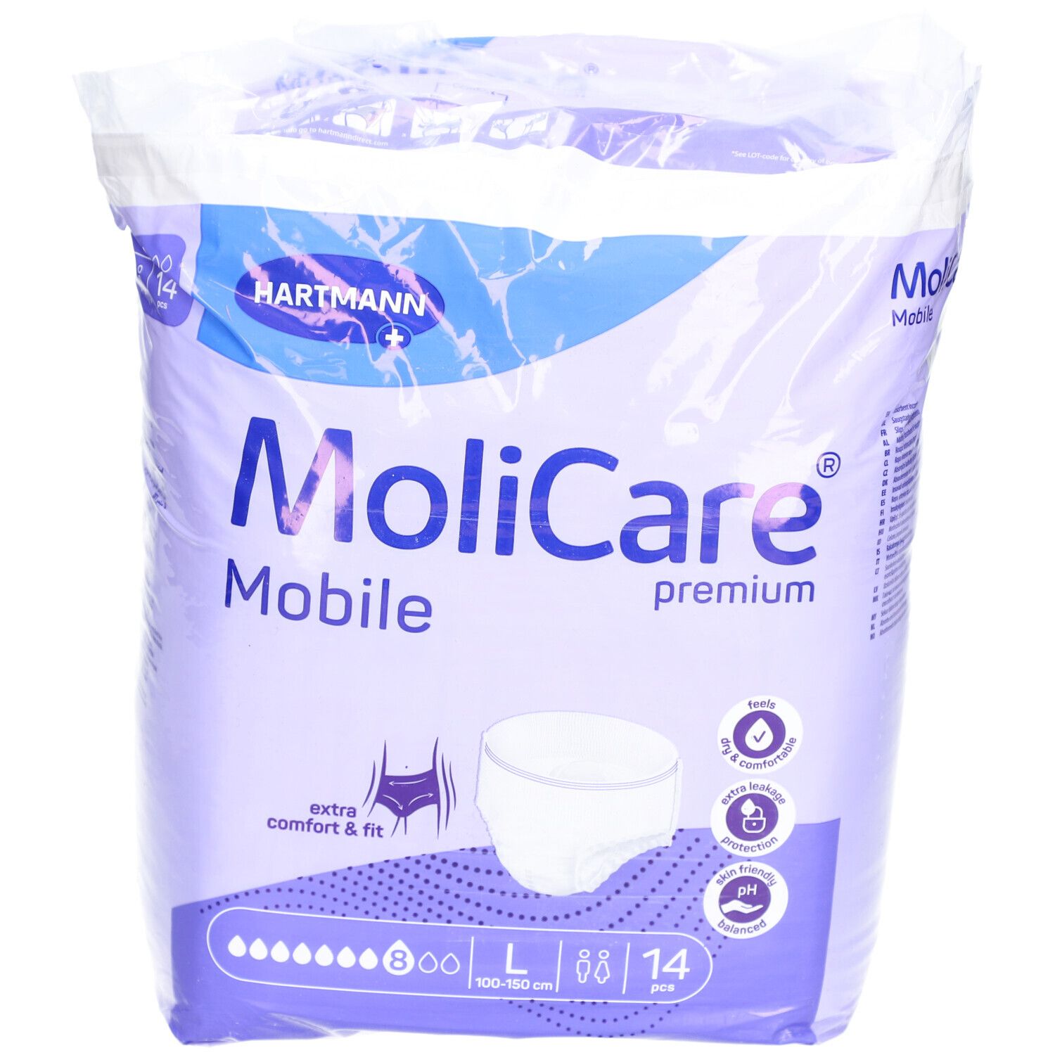 Verpackung MoliCare Mobile Premium, Größe L, 14 Stück. Marke Hartmann. Extra Komfort & Passform.