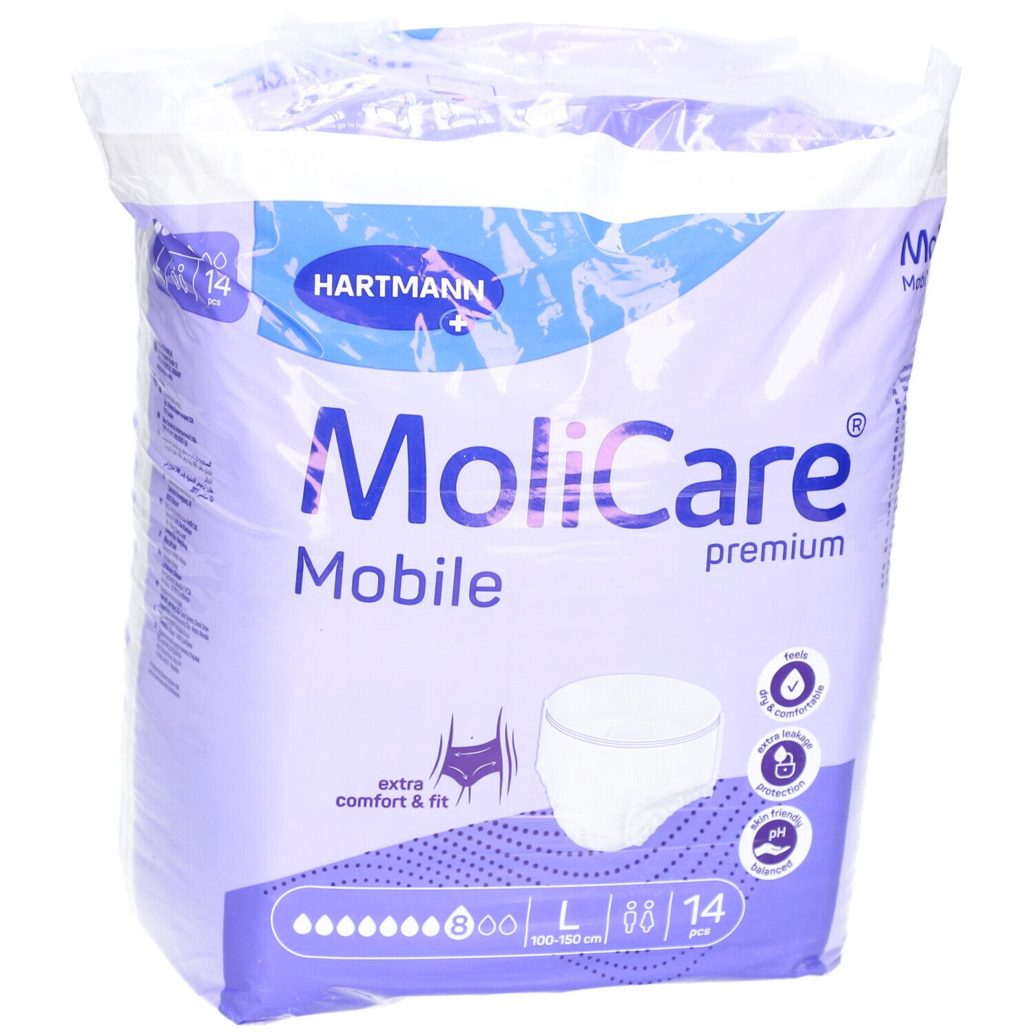 Verpackung MoliCare Mobile Premium, Größe L, 14 Stück. Marke Hartmann. Extra Komfort & Passform.