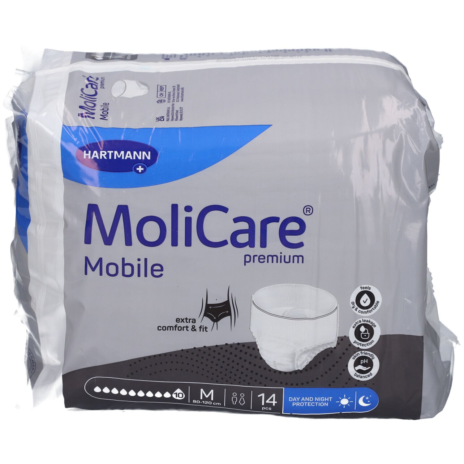 MoliCare Mobile Premium, Größe M, 14 Stück. Verpackung mit Produktabbildung und Logo. Tag- und Nachtschutz.