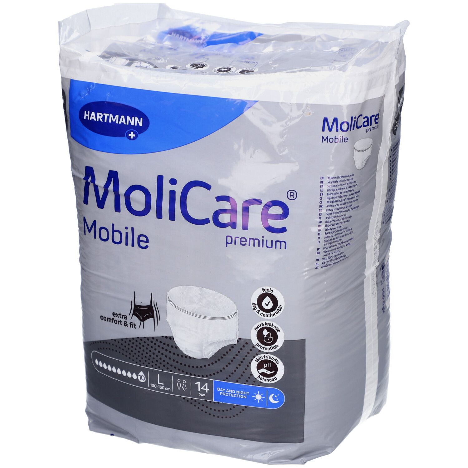 Verpackung MoliCare Mobile Premium. Größe L, 14 Stück. Marke Hartmann. Extra Komfort & Passform.