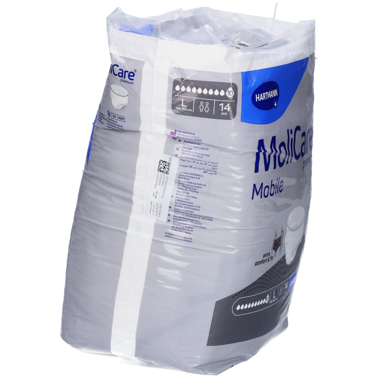 Verpackung MoliCare Mobile Premium. Größe L, 14 Stück. Marke Hartmann. Produktinformationen auf der Rückseite.