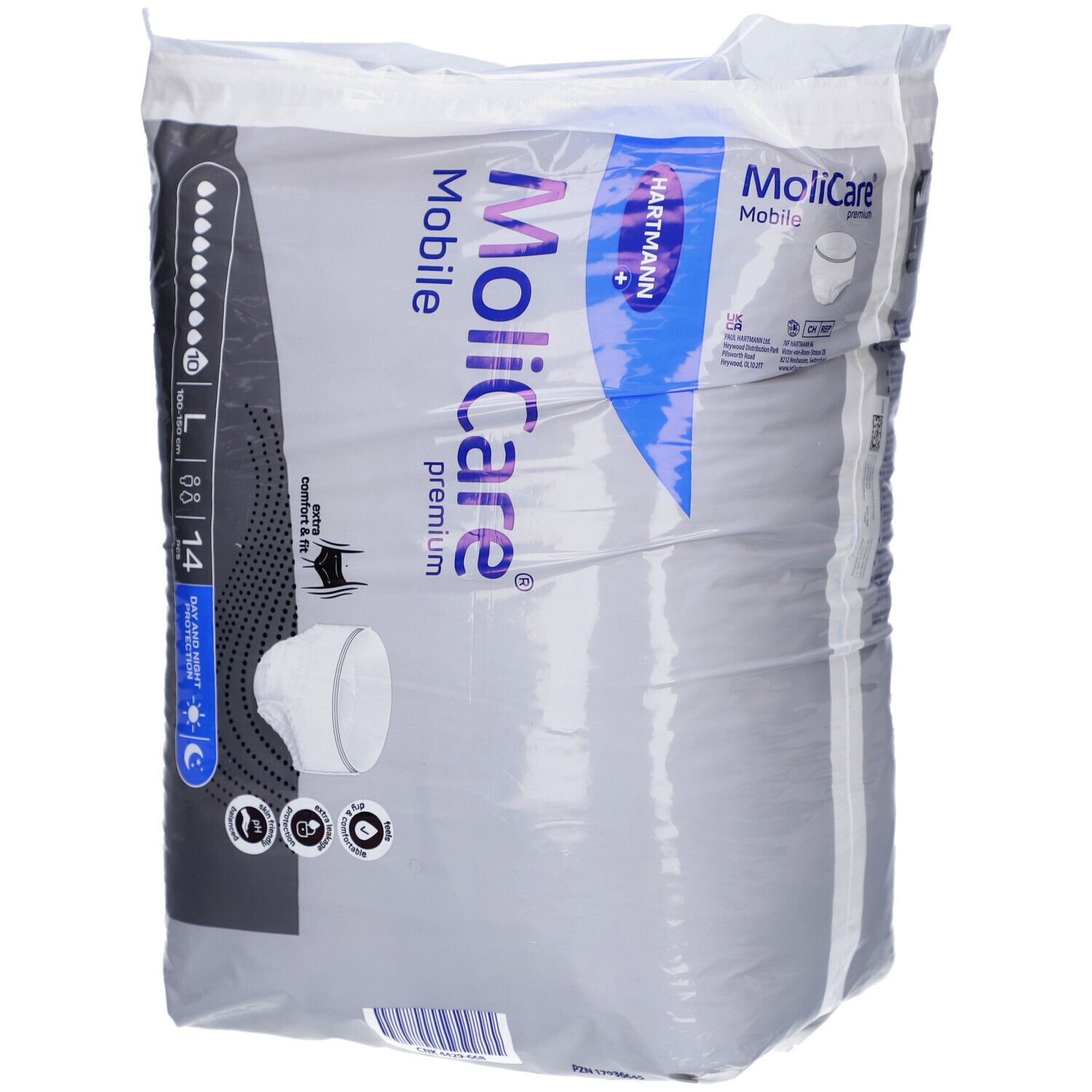Verpackung MoliCare Mobile Premium. Größe L, 14 Stück. Marke Hartmann. Produktansicht.