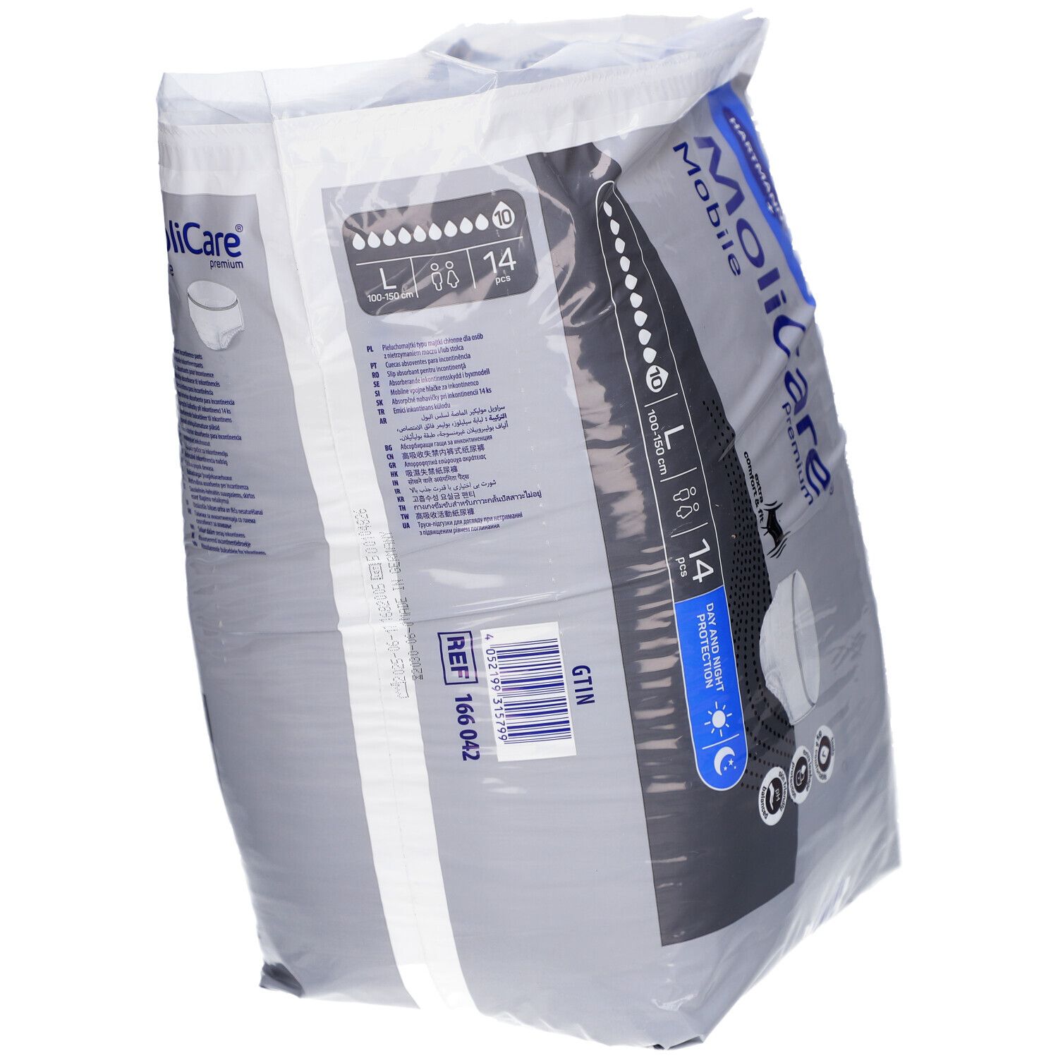 Verpackung MoliCare Mobile Premium. Größe L, 14 Stück. Marke Hartmann. Rückseite mit Produktinformationen.