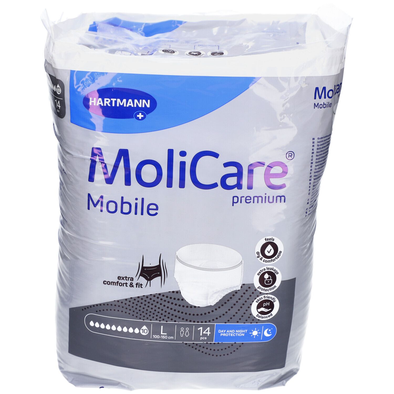 Verpackung MoliCare Mobile Premium. Größe L, 14 Stück. Marke Hartmann. Tag- und Nacht-Indikator.