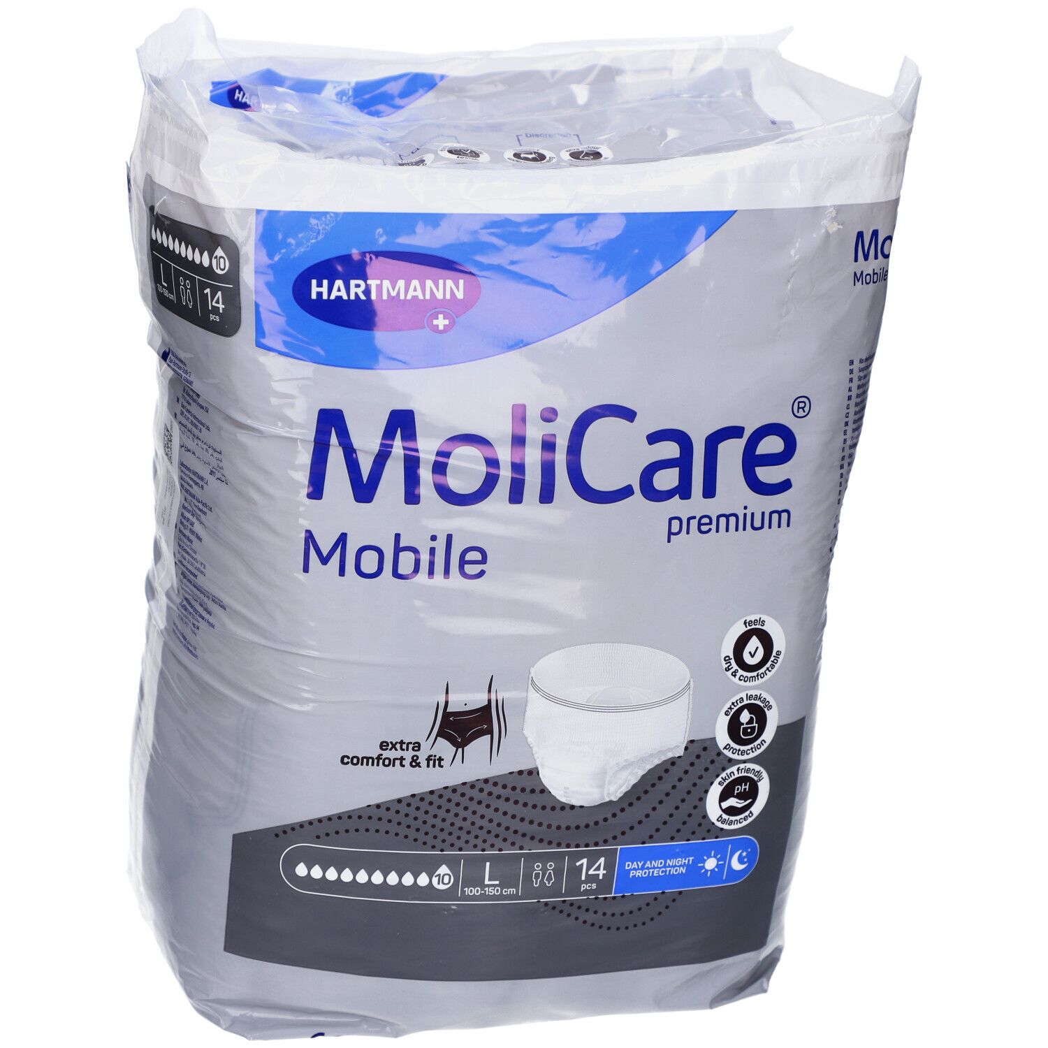 Verpackung MoliCare Mobile Premium. Größe L, 14 Stück. Marke Hartmann. Produktansicht.