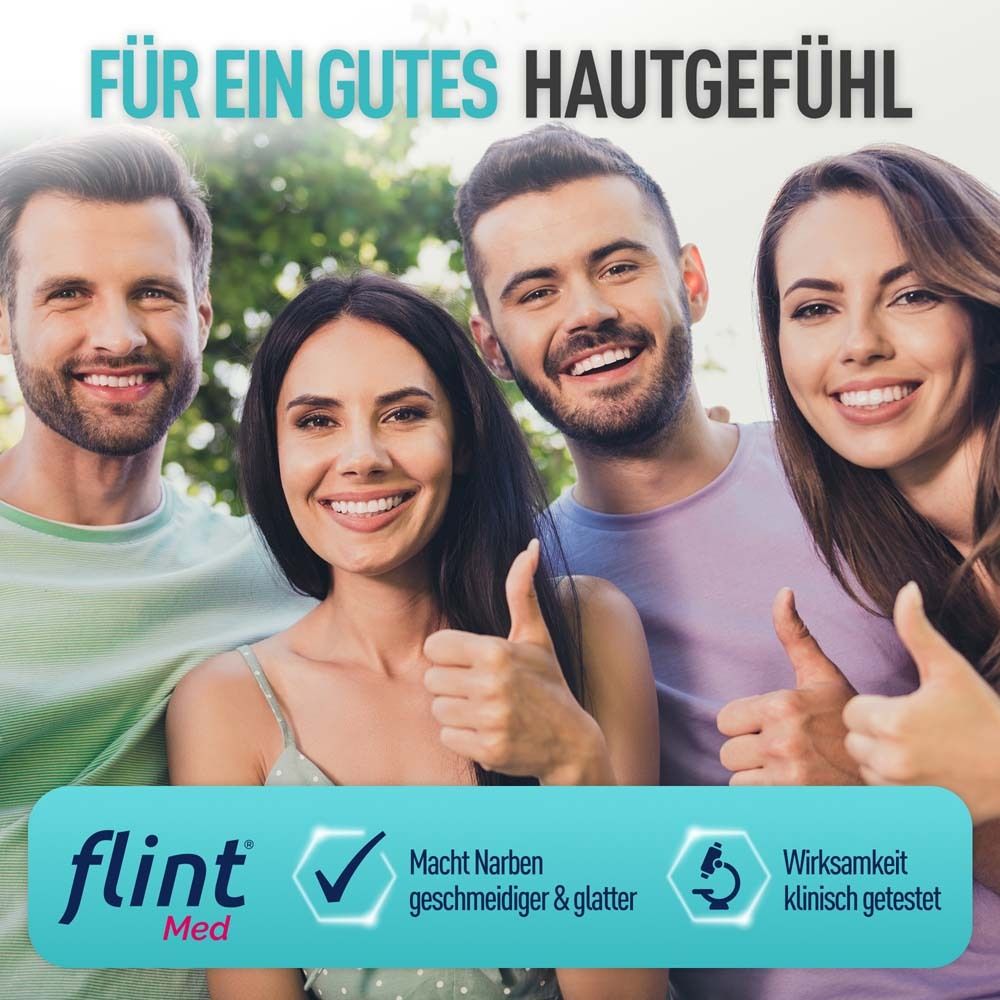 Vier lächelnde Personen. Text: flint® Med, Macht Narben geschmeidiger & glatter, klinisch getestet.