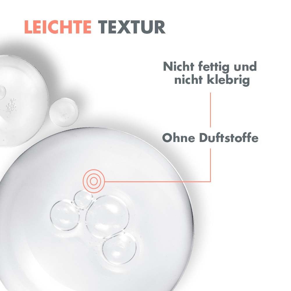 Nahaufnahme von Serum. Text: Leichte Textur. Nicht fettig und nicht klebrig. Ohne Duftstoffe.