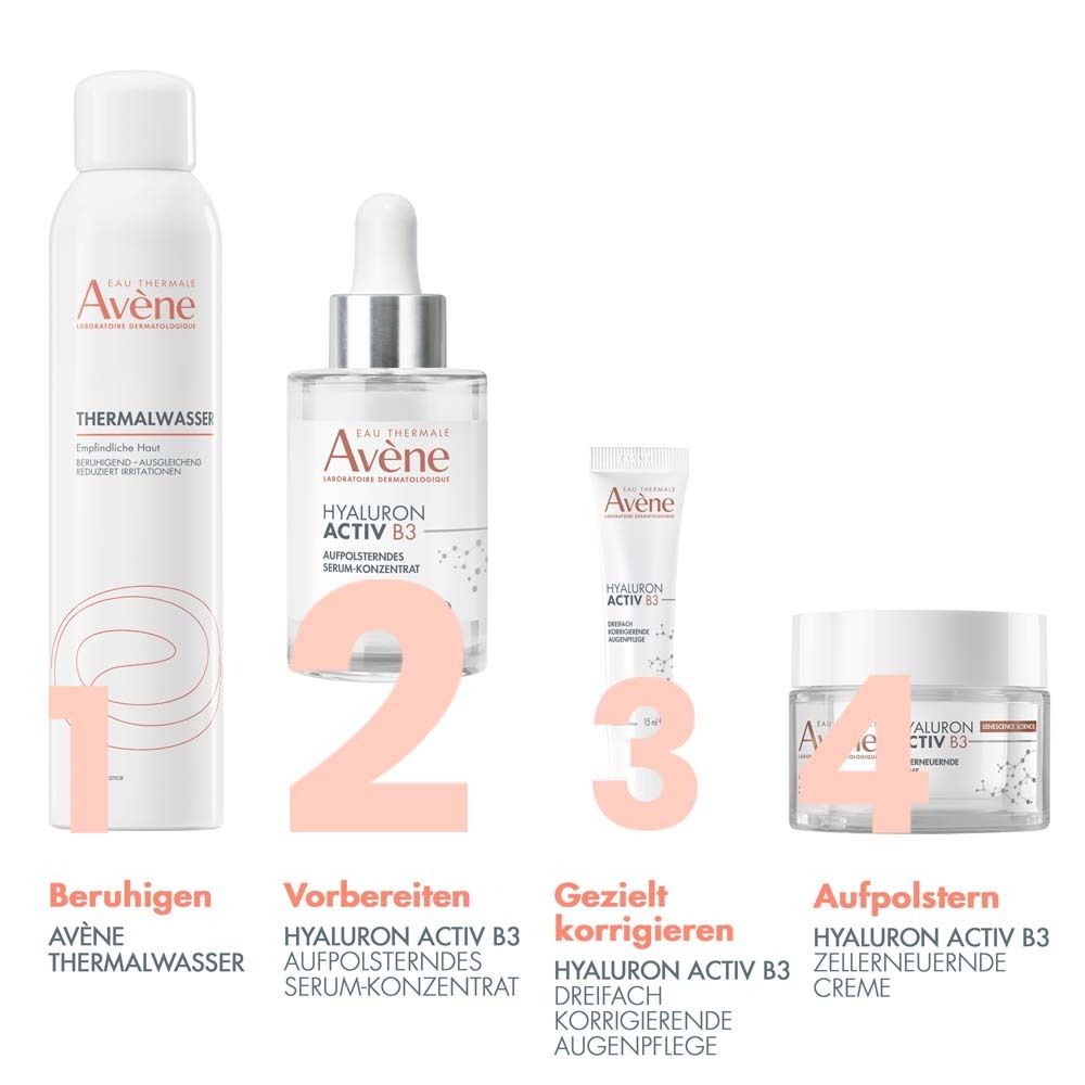 Vier Produkte nebeneinander. Thermalwasser, Serum, Augenpflege, Creme. Alle Produkte von Avène.