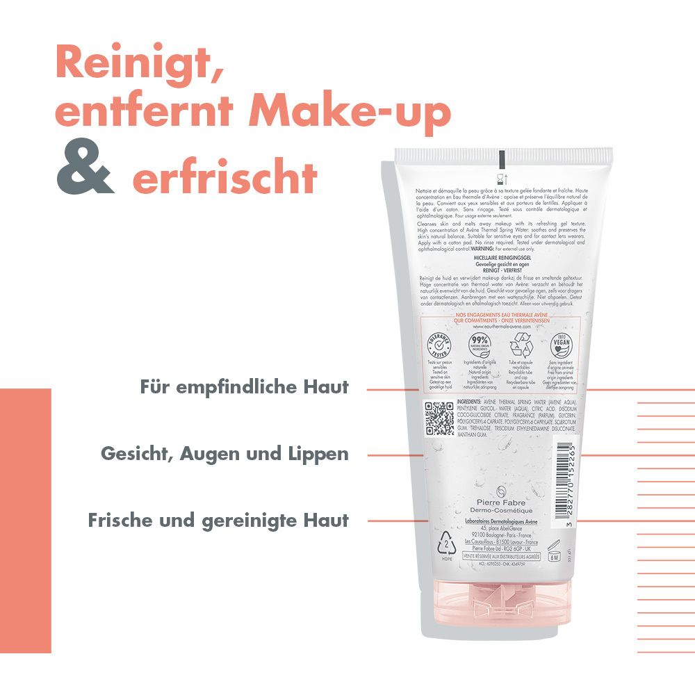 Rückseite der Tube. Aufschrift: Reinigt, entfernt Make-up & erfrischt. Für empfindliche Haut, Gesicht, Augen und Lippen. Frische und gereinigte Haut.
