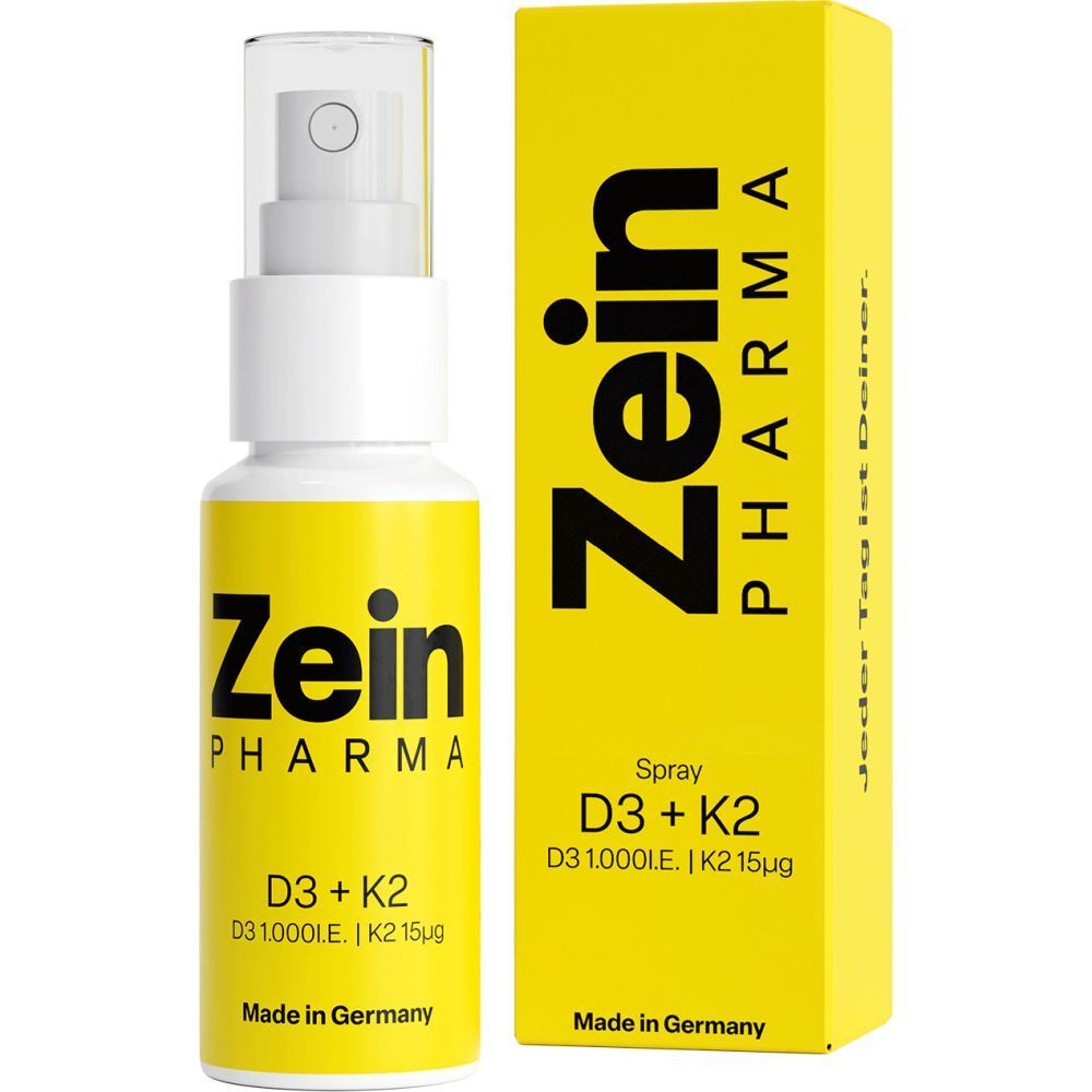ZeinPharma D3 + K2 Spray mit 1.000 I.E. Vitamin D3 und 15µg Vitamin K2 in gelber Verpackung.