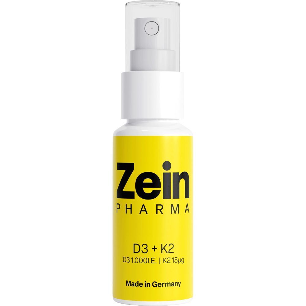 ZeinPharma D3 + K2 Spray, 1.000 I.E. Vitamin D3, 15µg Vitamin K2. Weiße Sprühflasche mit gelbem Etikett.