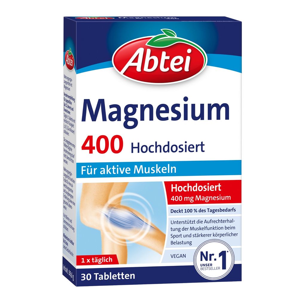 Abtei Magnesium 400 hochdosiert. Packung mit 30 Tabletten. Enthält 400 mg Magnesium. Für aktive Muskeln.