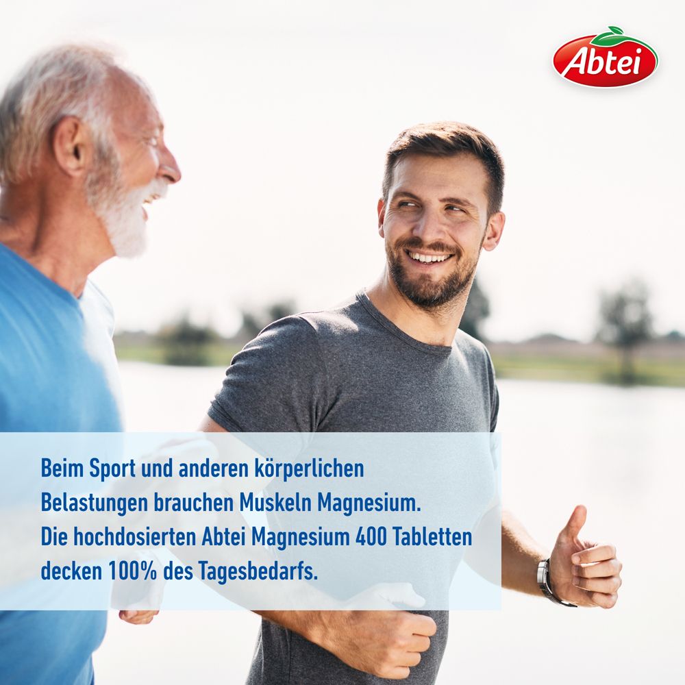 Zwei Männer beim Joggen. Text: Magnesium für Muskeln bei Sport. Abtei Magnesium 400 Tabletten decken 100% des Tagesbedarfs.