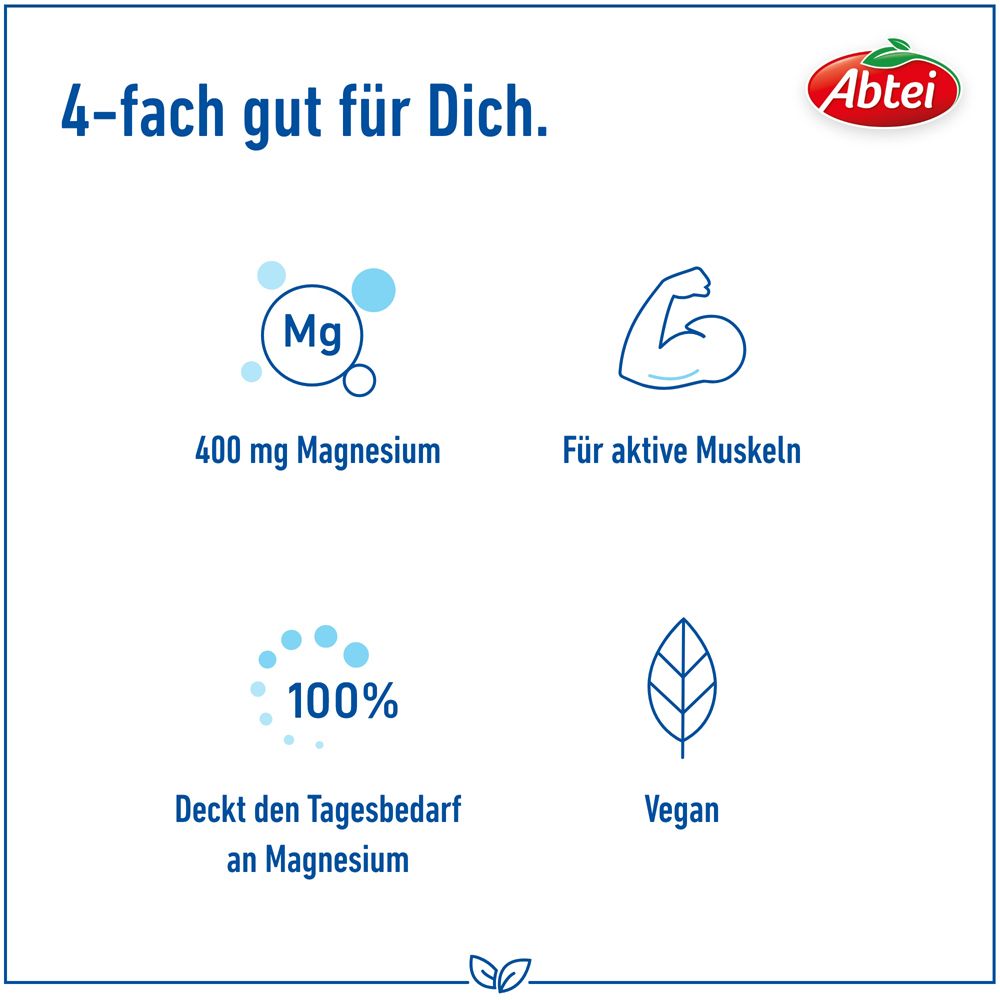 Grafik mit Symbolen: Mg, 400 mg Magnesium, aktive Muskeln, 100% Tagesbedarf, vegan.