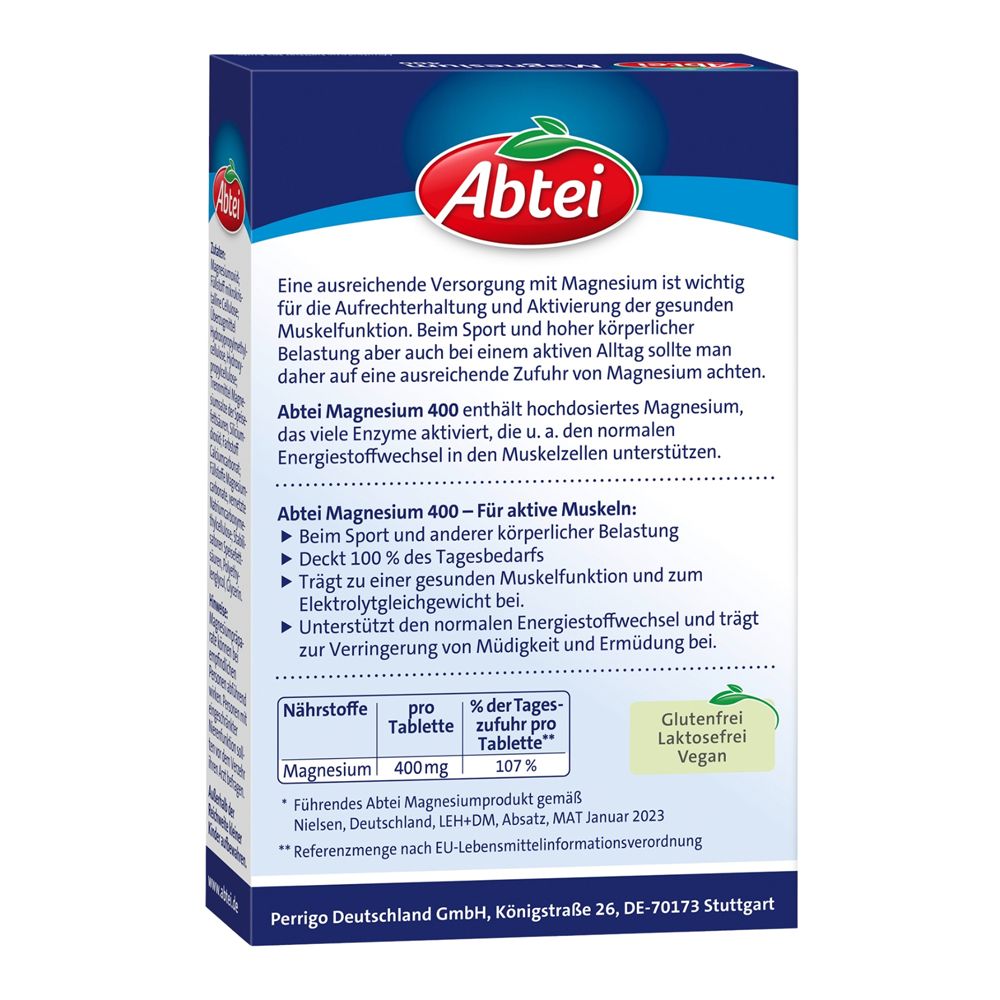 Rückseite der Abtei Magnesium 400 Packung. Text: Inhaltsstoffe, Anwendung, Nährwerte, glutenfrei, laktosefrei, vegan.
