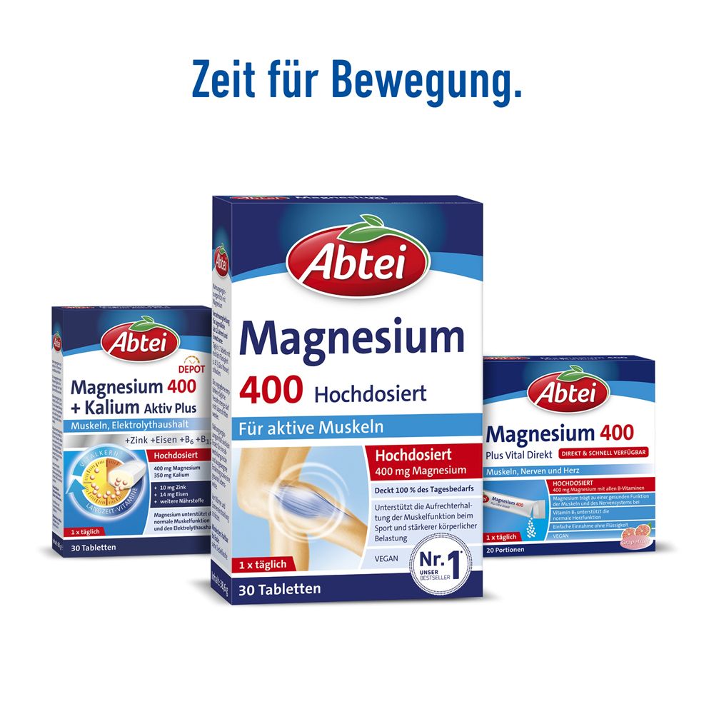 Drei Abtei Magnesium Produkte. Text: Zeit für Bewegung. Magnesium 400, Magnesium + Kalium, Magnesium Plus Vital Direkt.