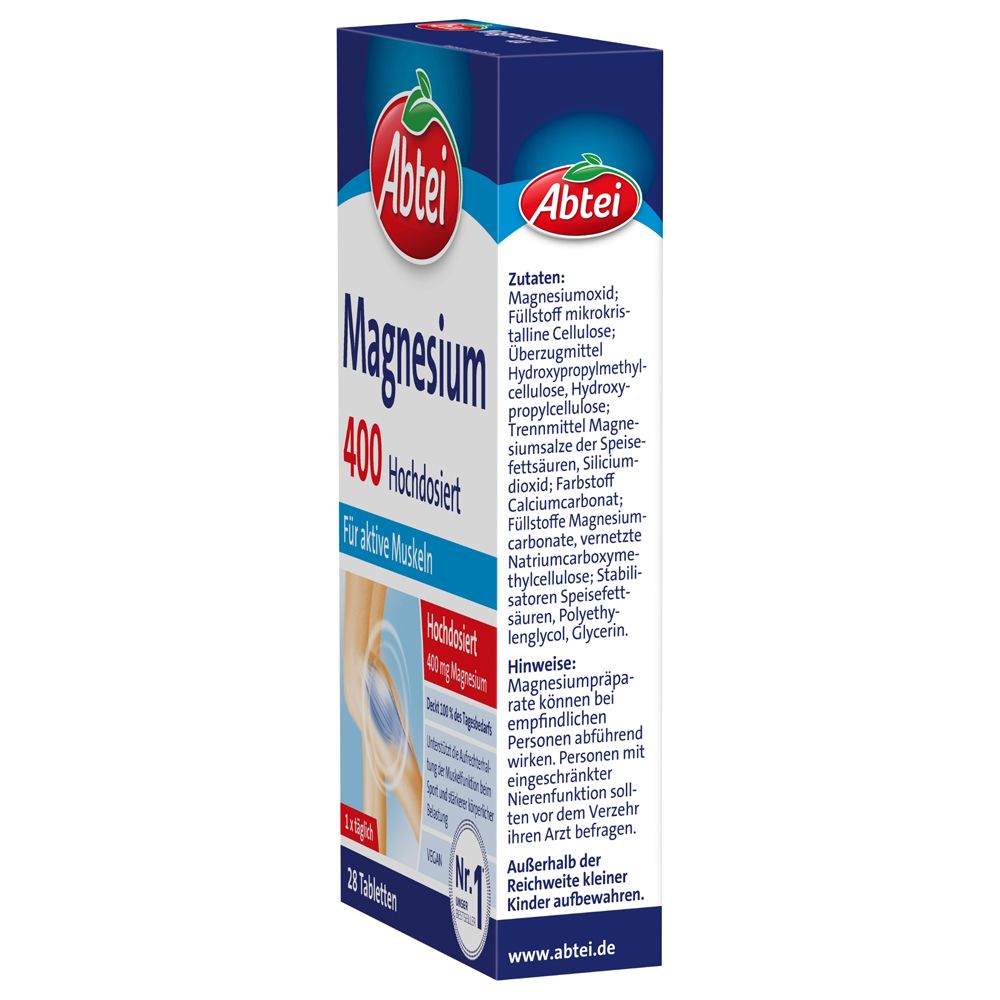 Abtei Magnesium 400 Packung. Text: Inhaltsstoffe, Hinweise, 30 Tabletten. Vegan. Nr. 1 Bestseller.