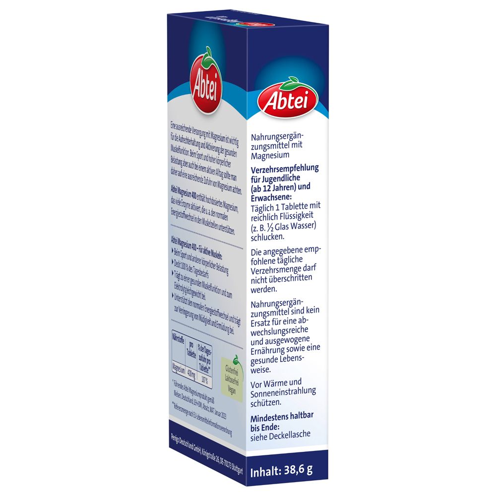 Rückseite der Abtei Magnesium 400 Packung. Text: Anwendung, Nährwerte, Mindesthaltbarkeit, 38,6 g.