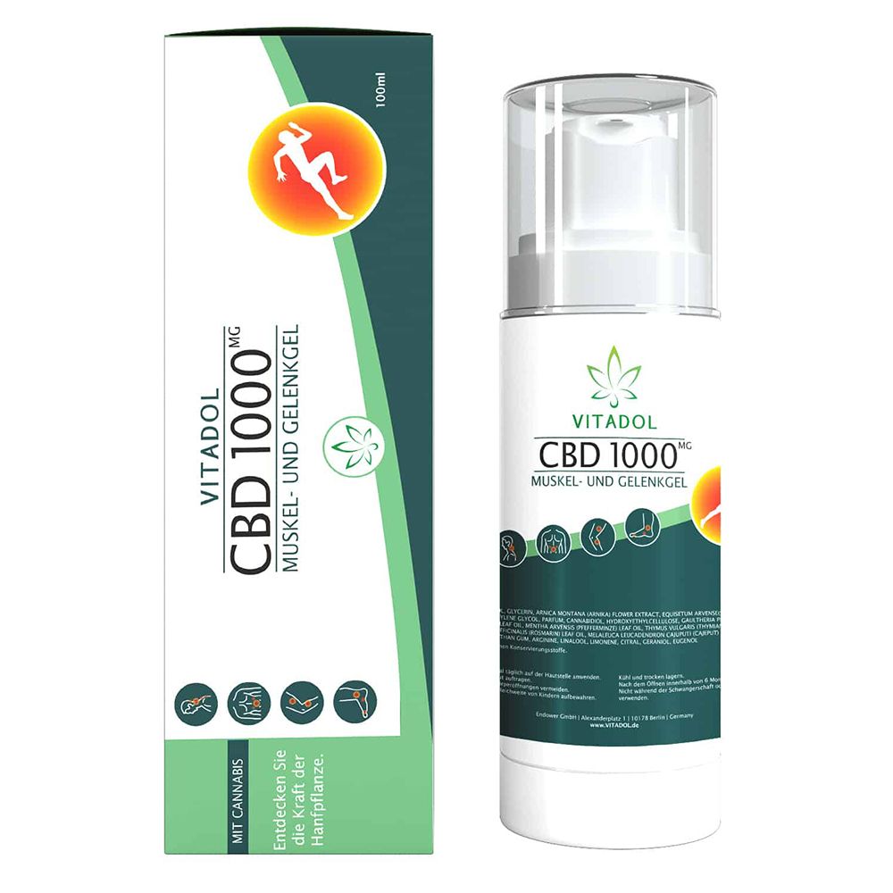 Weißes Gel mit Pumpverschluss und Verpackung. Aufschrift: VITADOL CBD 1000 MG MUSKEL- UND GELENKGEL. Grün-weißes Design.