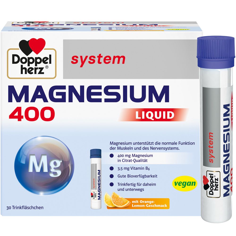 Schachtel und Trinkflasche mit der Aufschrift "Magnesium 400 Liquid". Blaue Kappe, veganes Logo, Orangen-Zitronen-Geschmack.