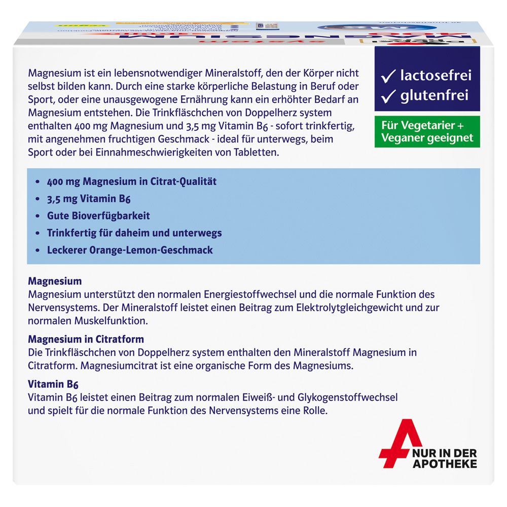 Rückseite der Schachtel. Text über Magnesium, Vitamin B6, Inhaltsstoffe, vegan, glutenfrei, laktosefrei.