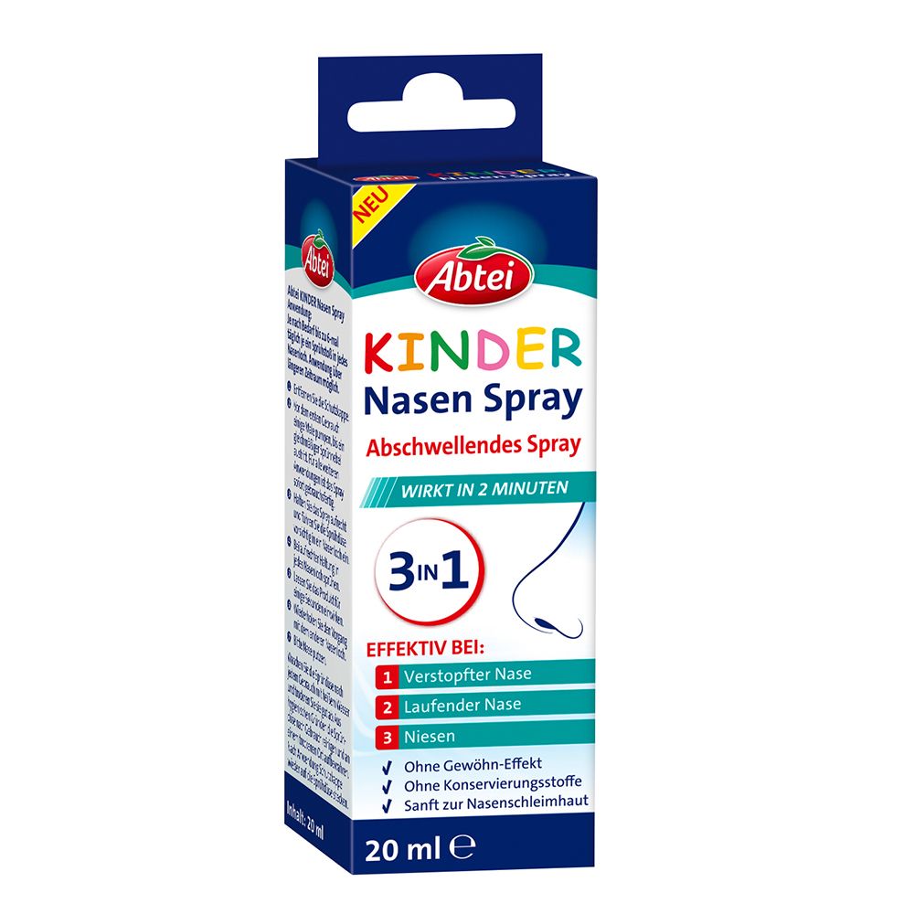 Abtei Kinder Nasen Spray-Verpackung. Blau, weiß und bunt. Enthält 20 ml. Wirkt in 2 Minuten. 3 in 1.