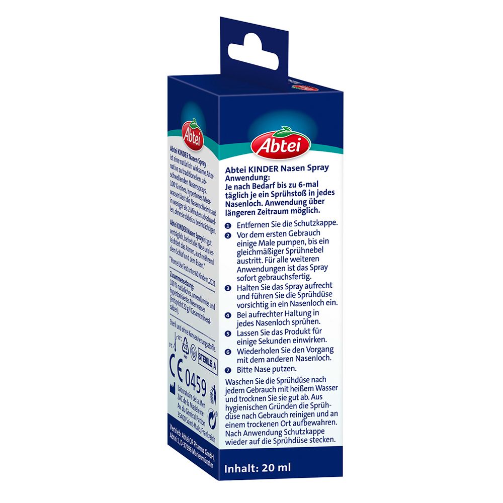Rückseite der Abtei Kinder Nasen Spray-Verpackung. Text in Deutsch. Enthält 20 ml. CE-Kennzeichnung.