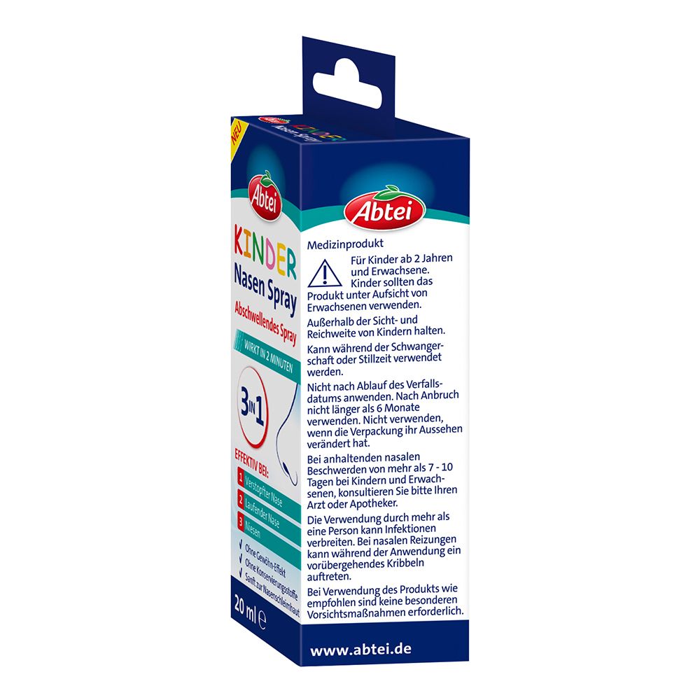 Seite der Abtei Kinder Nasen Spray-Verpackung. Text in Deutsch. Medizinprodukt. Enthält 20 ml. CE-Kennzeichnung.