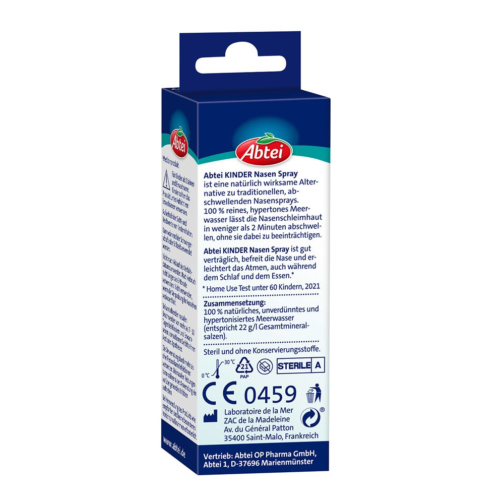 Seite der Abtei Kinder Nasen Spray-Verpackung. Text in Deutsch. Sterile A-Kennzeichnung. CE-Kennzeichnung.