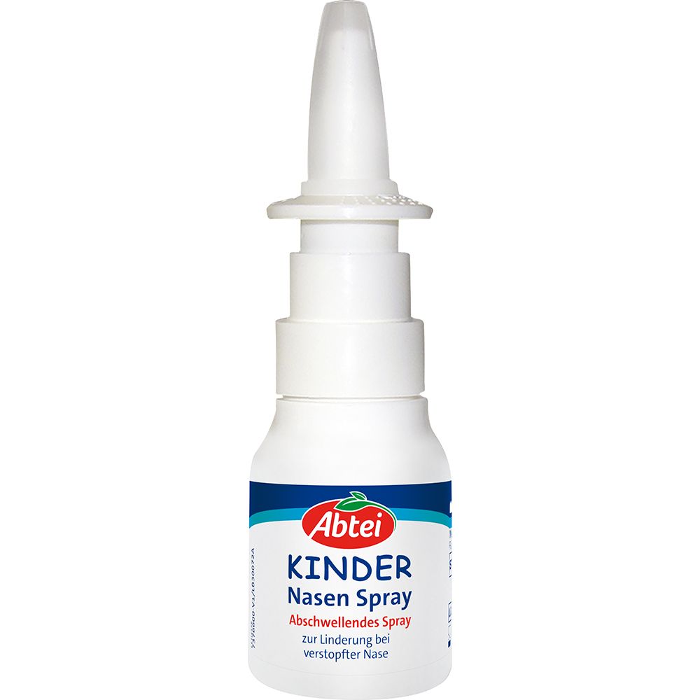 Abtei Kinder Nasen Spray-Flasche. Weißer Behälter mit Sprühkopf. Enthält Abtei Kinder-Logo.