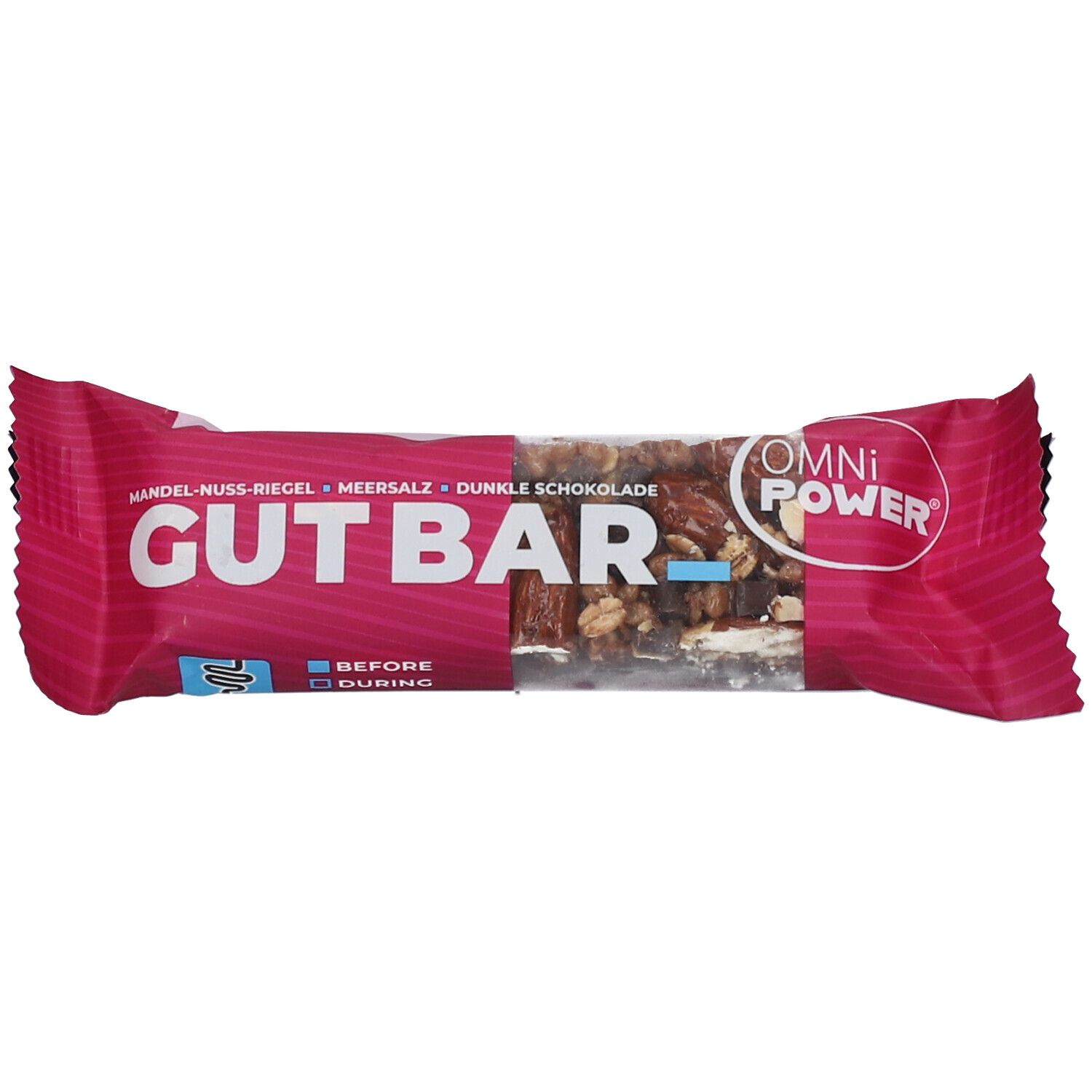 OMNi-POWER® GUT BAR in rosa Verpackung. Aufschrift: GUT BAR, Mandel-Nuss-Riegel, Meersalz, dunkle Schokolade. Logo: OMNi-POWER.
