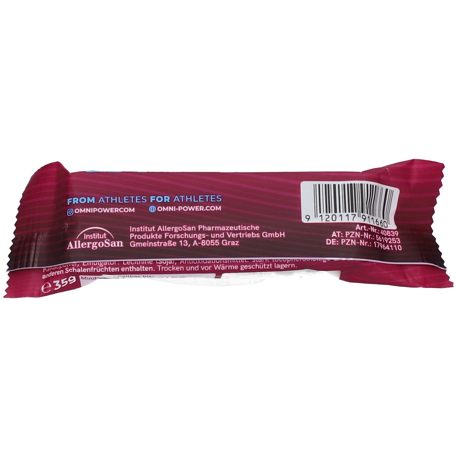 Rückseite der OMNi-POWER® GUT BAR Verpackung. Text: FROM ATHLETES FOR ATHLETES, OMNi-POWER.com. Barcode und weitere Produktinformationen.