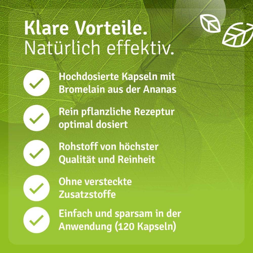Text: Klare Vorteile. Natürlich effektiv. Hochdosierte Kapseln mit Bromelain aus der Ananas. Rein pflanzliche Rezeptur.