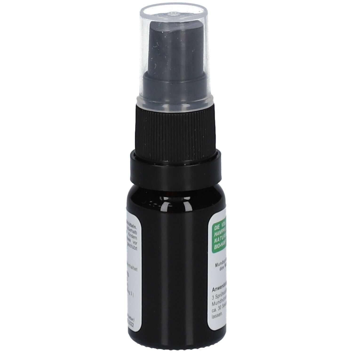 Braune Glasflasche mit schwarzem Sprühkopf und transparenter Kappe. Etikett mit Text.