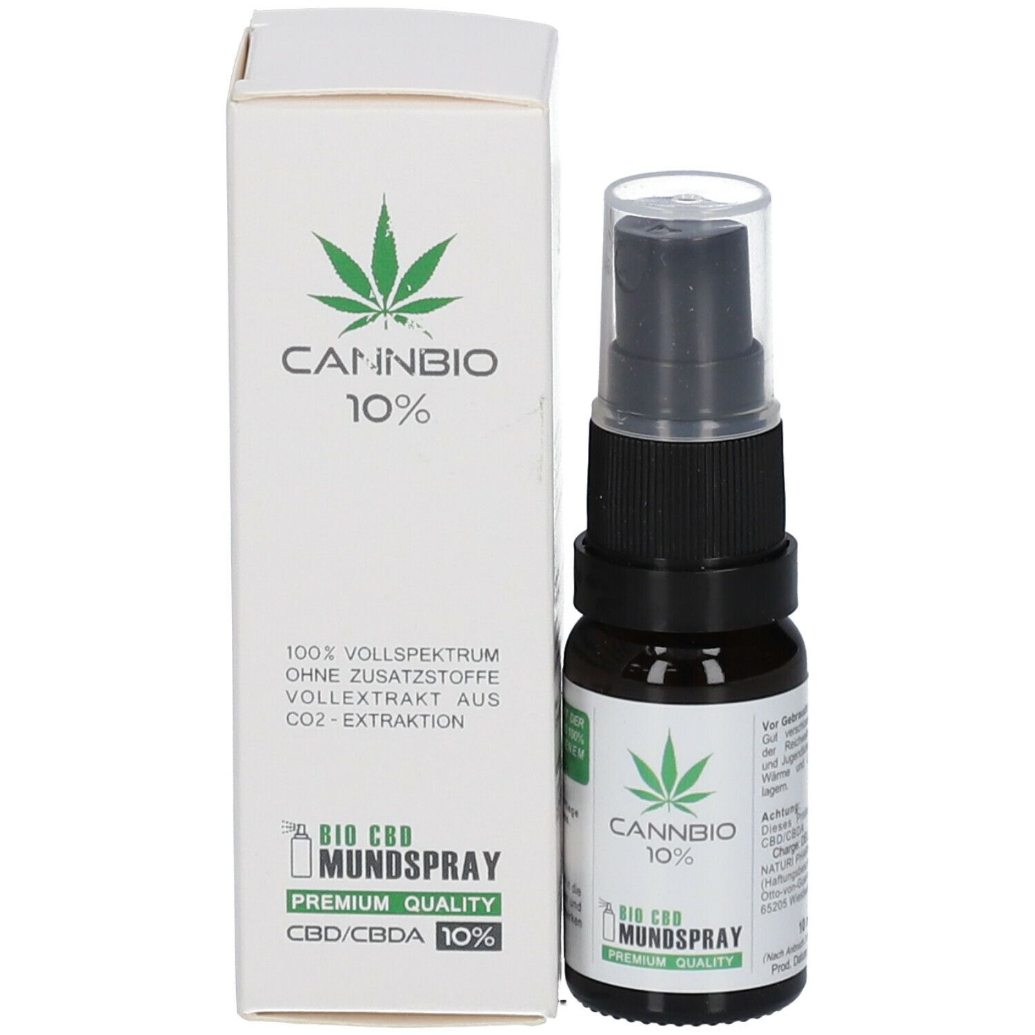 Produktflasche mit Kartonverpackung. Flasche mit schwarzem Sprühkopf. Karton mit Logo und Text.