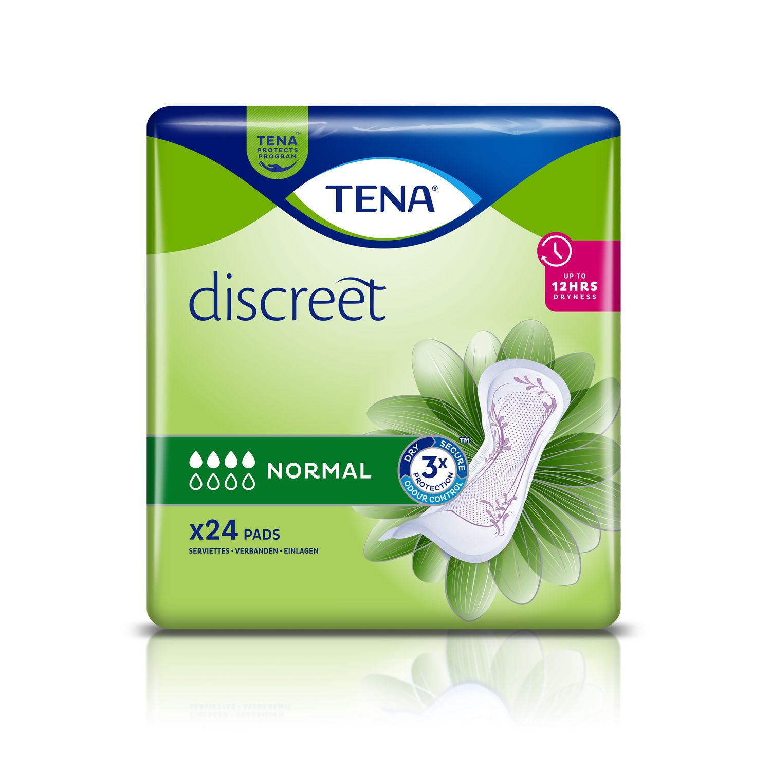 Verpackung von TENA discreet Normal. Grün-weißes Design mit Produktabbildung und Text. Enthält 24 Einlagen.