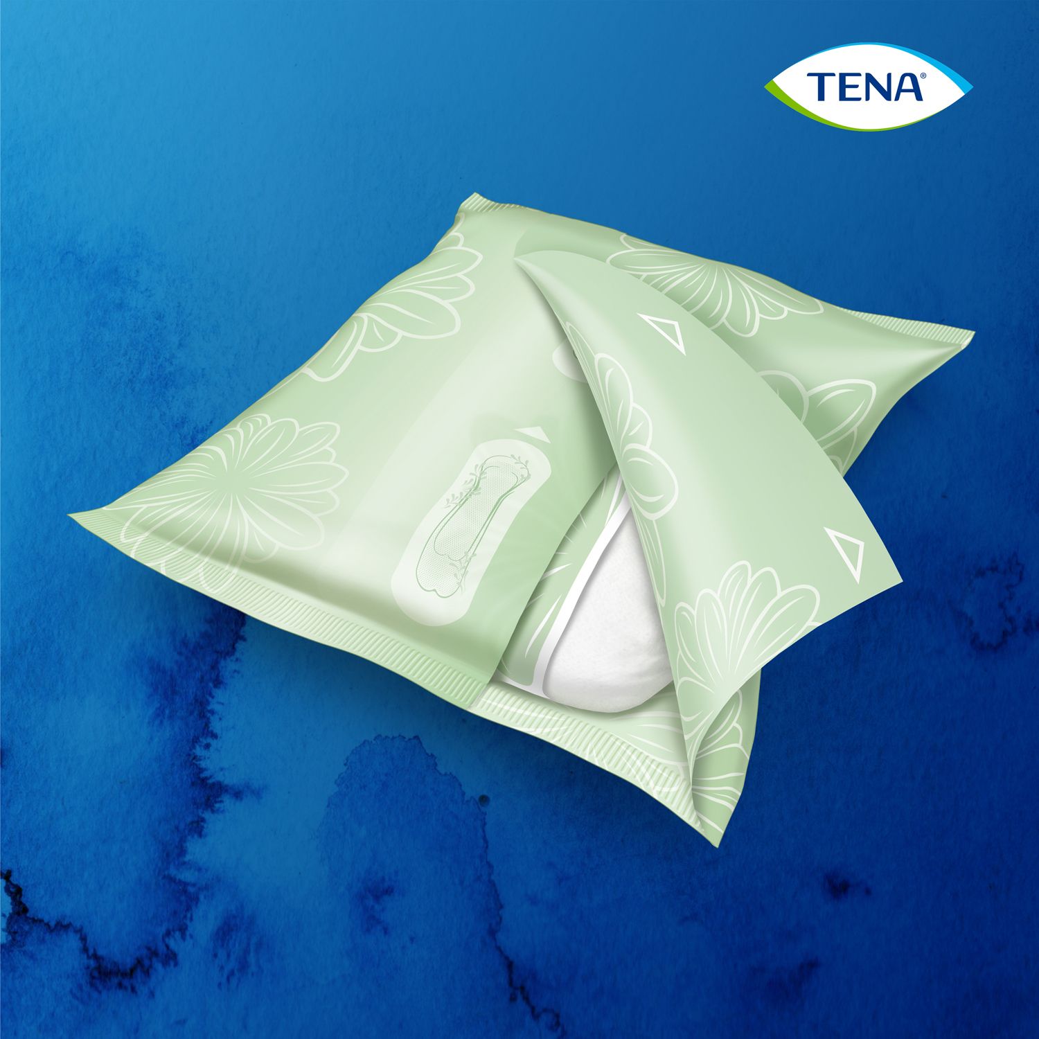 Geöffnete Verpackung von TENA discreet. Eine Einlage ist sichtbar.