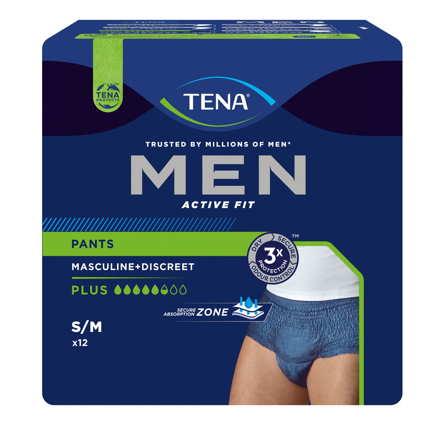 Blau-verpackte TENA Men Active Fit Pants Plus S/M. Aufdruck: MEN, Pants, Plus, S/M x12. Logo und Produktabbildung.