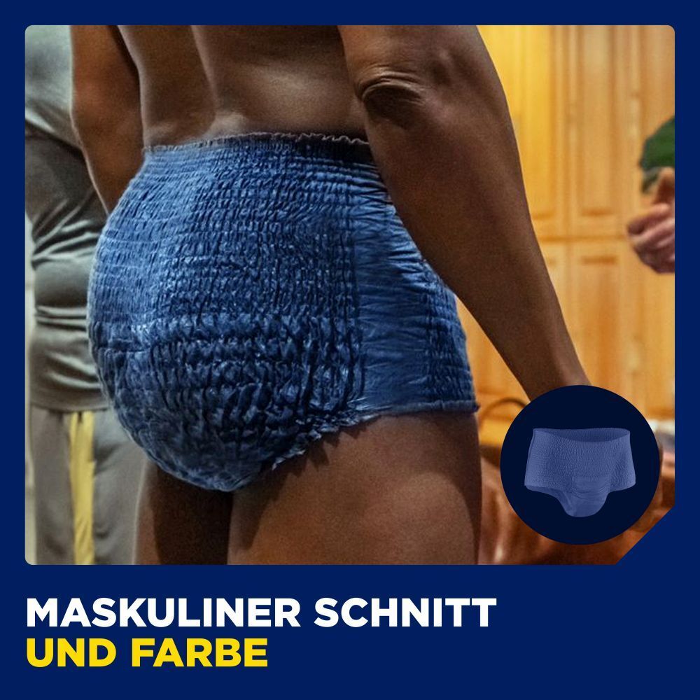 Nahaufnahme einer Person in blauen Pants. Blaue Pants mit maskulinem Schnitt und Farbe. Kleines Pants-Symbol.