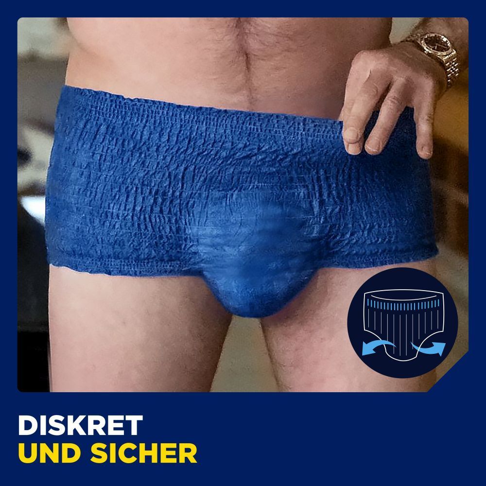 Person in blauen Pants. Blaue Pants mit maskulinem Schnitt. Diskret und sicher. Symbol für Diskretion.