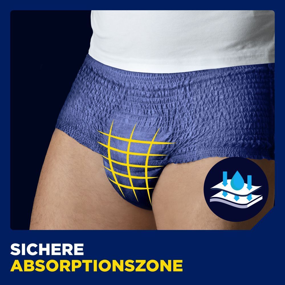 Person in blauen Pants. Blaue Pants mit maskulinem Schnitt. Sichere Absorptionszone. Absorptionszonen-Symbol.