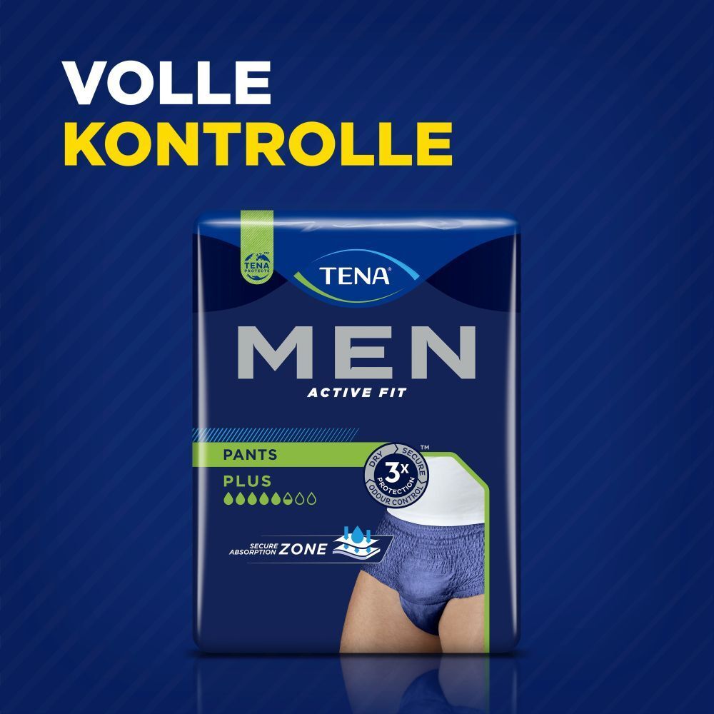 Packung TENA Men Active Fit Pants Plus. Aufschrift: MEN, Pants, Plus. 3X Schutz-Symbol. Volle Kontrolle.