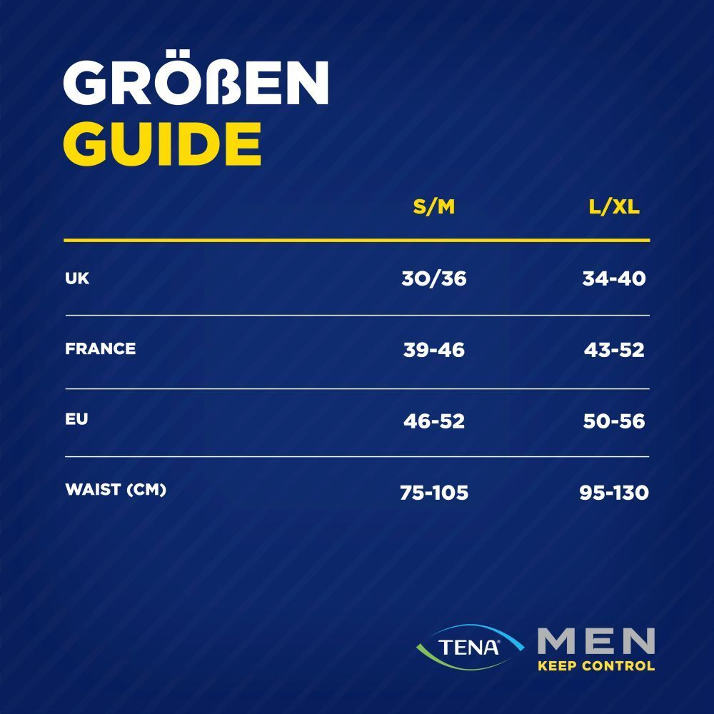 Größentabelle für TENA Men Pants. Größen: S/M und L/XL. Maße in UK, Frankreich, EU und Taille (cm).
