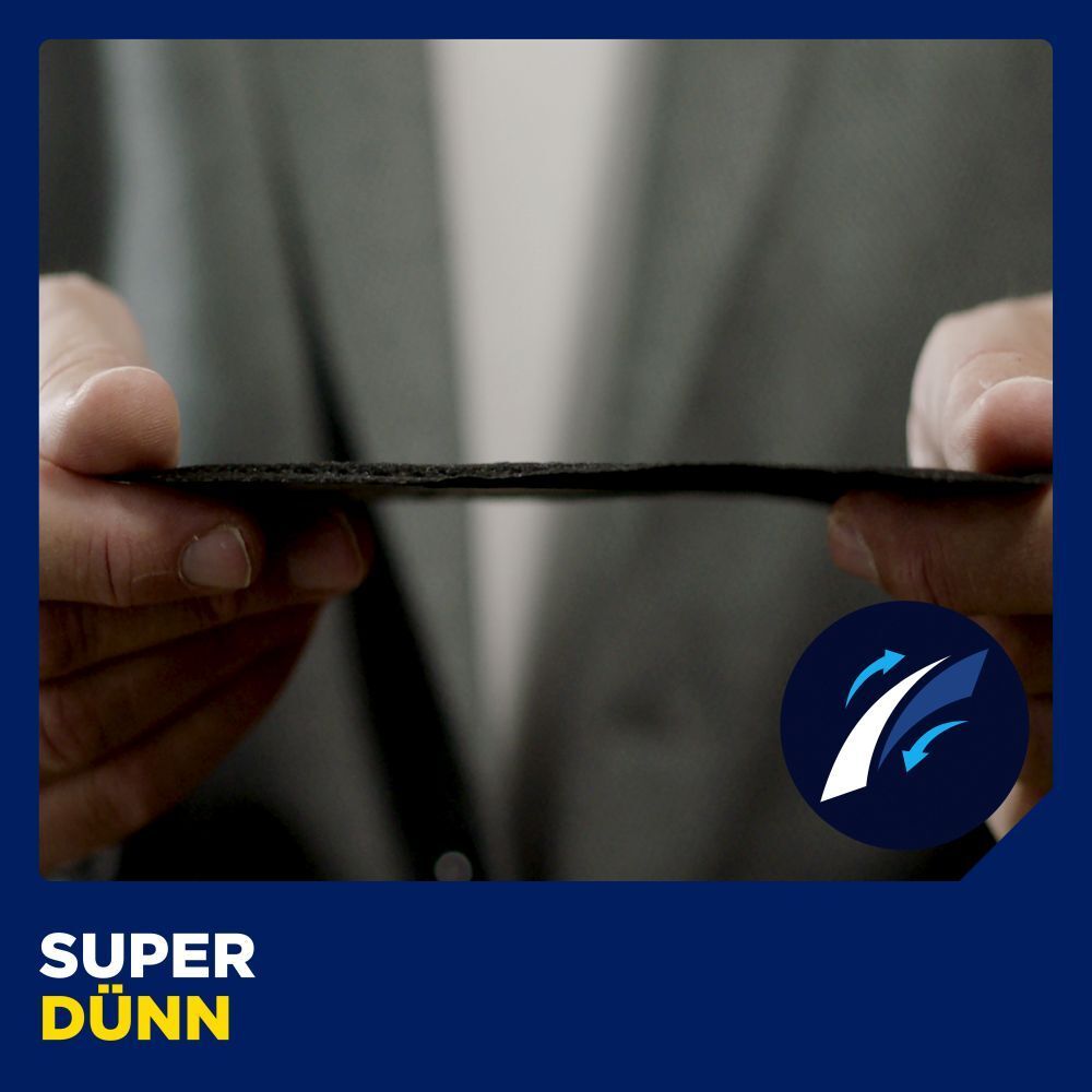 Nahaufnahme eines schwarzen Einlegers. Text: Super dünn. Blauer Hintergrund.